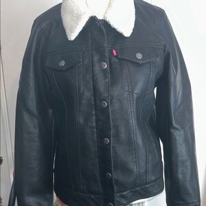 Levi's Black Leather Jacket with White Sherpa Removable Collar